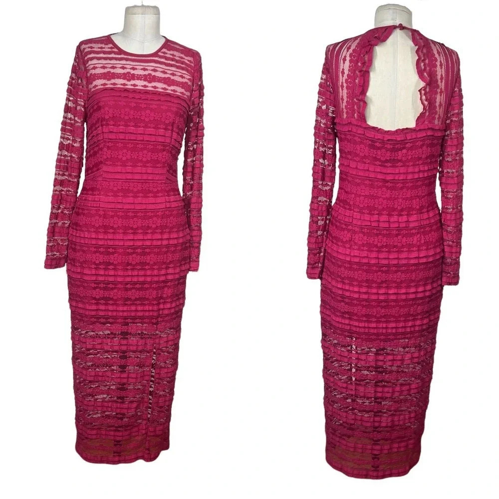Saylor Suzie Long Sleeve Lace Sheath Midi Dress Fuchsia Pink Size‎ Medium